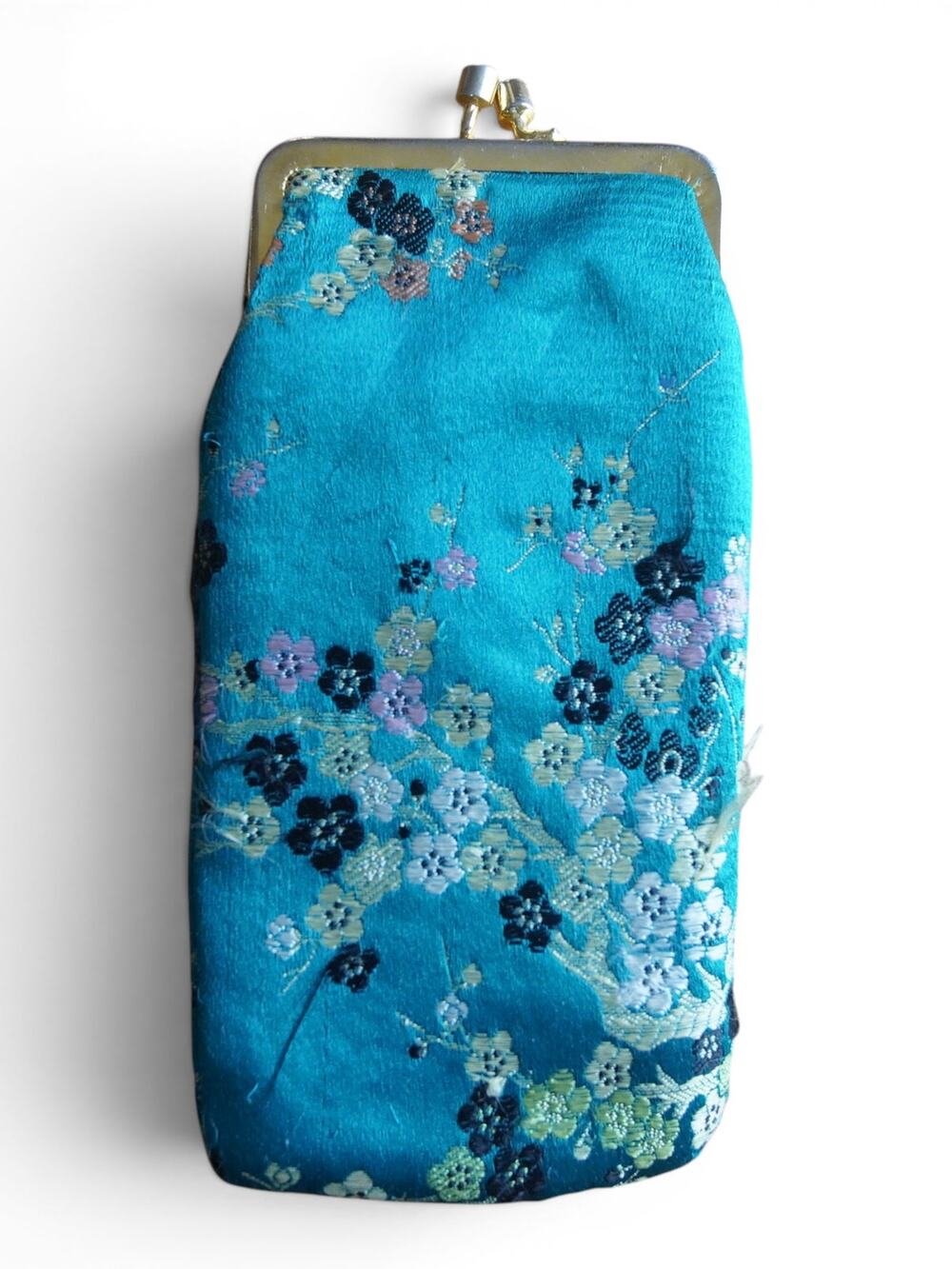 Vintage Blue Silk Brocade Coin Purse Floral Double Kiss Lock Japanese Style